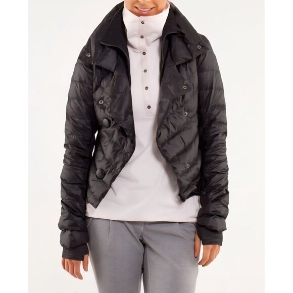 Lululemon Pedal Power Jacket Puffer Down Black Fleece Lined Belt Size 8 RTL $298